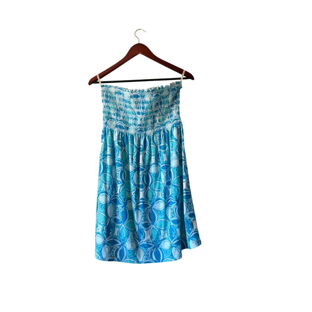 Lilly Pulitzer Blue White Fish Print Smocked Terry Cloth Strapless Dress small